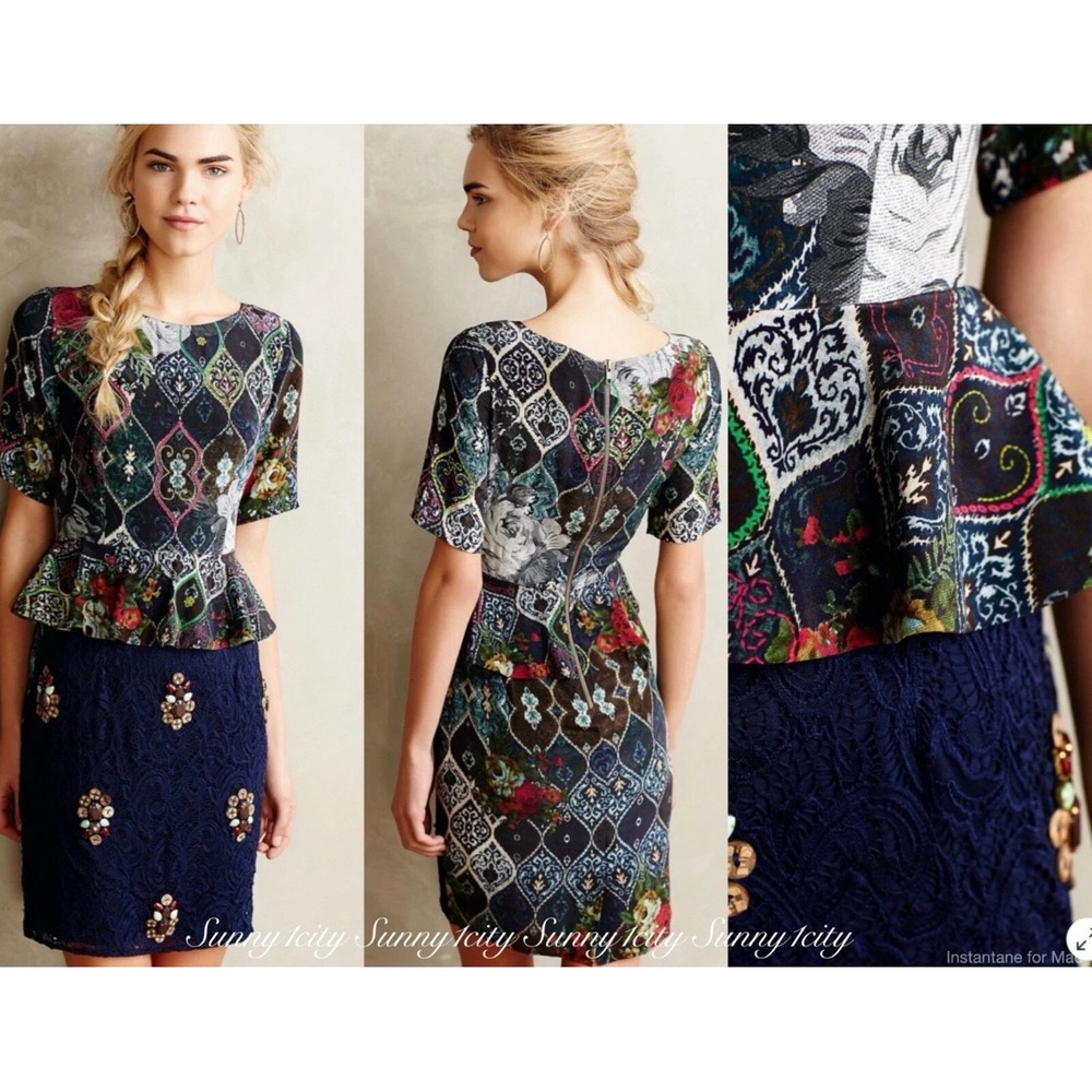 Anthropologie Hemant & Nandita Narcis Embellished Peplum Lace Dress Navy Multi